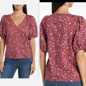 MADEWELL Puff Sleeve V-Neck Cotton Top Rusted Burgundy